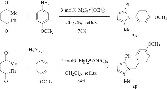 Scheme 2 Paal-Knorr condensation with 1-phenylpentane-1,4-dione catalyzed by MgI2 etherate.