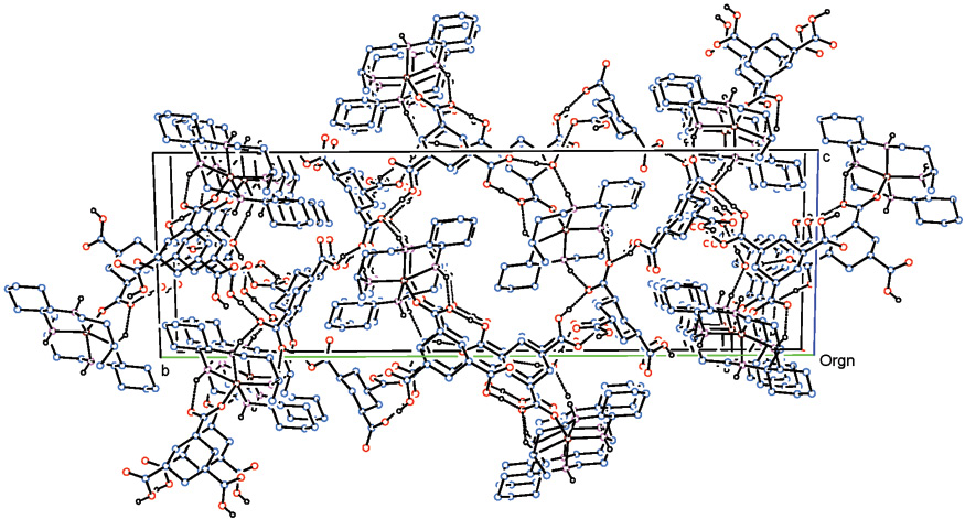 Figure 2: Packing diagram of [Zn(L)( H2chtc-)]H2chtc-·H2O (1).The hydrogen bonds are shown as dashed lines.