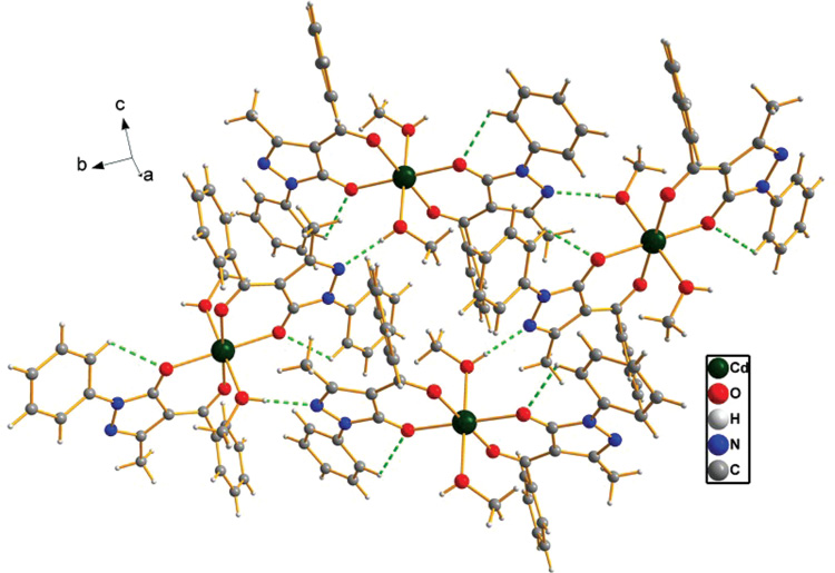 Figure 2: Hydrogen bonds (shown as green dashed lines) of the title complex.