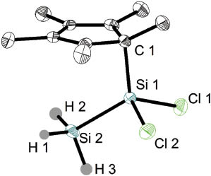 Figure 1: ORTEP diagram at 50% probability (Si, Cl, and C) and 20% probability (H) and atom numbering scheme for compound 1. Hydrogen atoms at carbon atoms are omitted for clarity. Selected bond lengths (Å) and angles (°):C(1)-Si(1) 1.902(4), Si(1)-Cl(1) 2.0777(15), Si(1)-Cl(2) 2.0821(15), Si(1)-Si(2) 2.3294(15), Si(2)-H(1) 1.367(17), Si(2)-H(2) 1.332(18), Si(2)-H(3) 1.334(18), C(1)-Si(1)-Cl(1) 110.83(13), C(1)-Si(1)-Cl(2) 109.21(13), Cl(1)-Si(1)-Cl(2) 101.76(6), C(1)-Si(1)-Si(2) 117.50(13), Cl(1)-Si(1)-Si(2) 110.34(6), Cl(2)-Si(1)-Si(2) 105.90(6), Si(1)-Si(2)-H(1) 107.3(17), Si(1)-Si(2)-H(2) 115(2), H(1)-Si(2)-H(2) 112(2), Si(1)-Si(2)-H(3) 103(2), H(1)-Si(2)-H(3) 108(2), H(2)-Si(2)-H(3) 111(2).