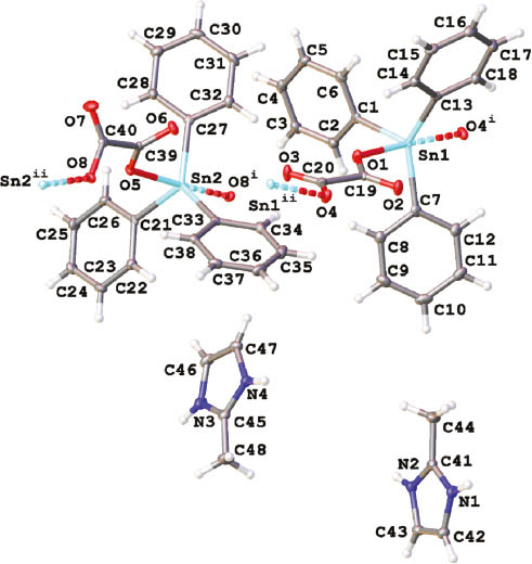 Figure 1: Molecular structure of 1 (asymmetric unit) showing 50% probability ellipsoids and the crystallographic numbering scheme (Ortep view).Color code: tin, turquoise; nitrogen, blue; oxygen, red; carbon, gray. Symmetry transformations used to generate equivalent atoms: (i) +x, 0.5-y, 0.5+z; (ii) +x, 0.5-y, -0.5+z.