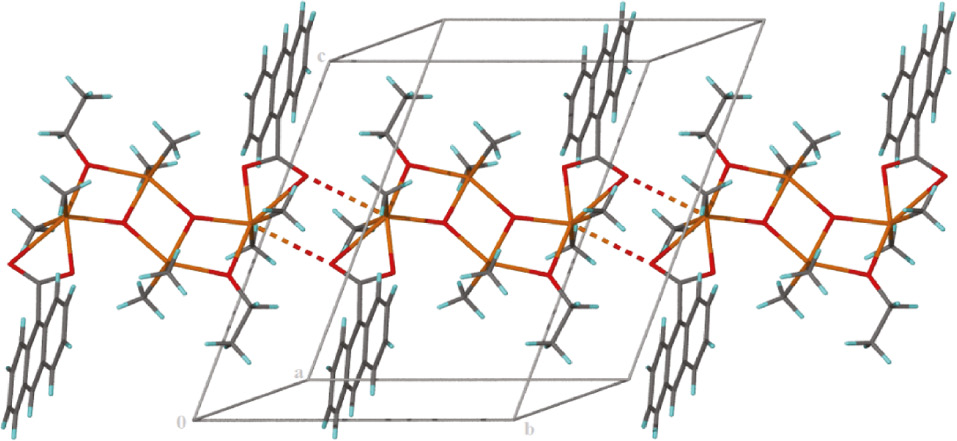 Figure 2: A perspective view of the interaction between the oxygen atom of the carboxylate ligand with the tin atom of a neighboring molecule to form a chain running along the b axis.