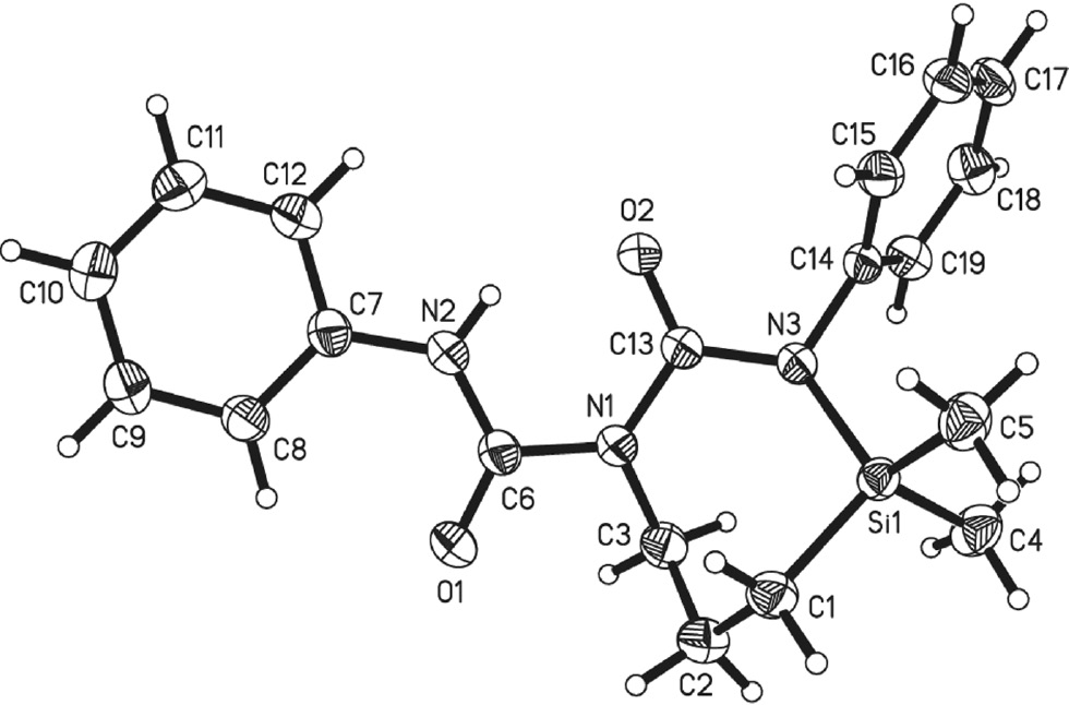 Figure 1: Molecular structure of 3 showing the atomic numbering scheme.The thermal ellipsoids of the nonhydrogen atoms are drawn at the 50% probability level.