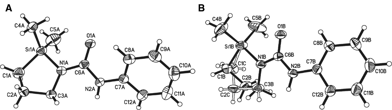 Figure 2: Molecular structures of the two crystallographically independent molecules of 4 showing the atomic numbering scheme.Molecule A is labelled with A, molecule B with B. The thermal ellipsoids of the nonhydrogen atoms are drawn at the 50% probability level. Molecule B shows a disorder at the five-membered ring with s.o.f. of 0.85.