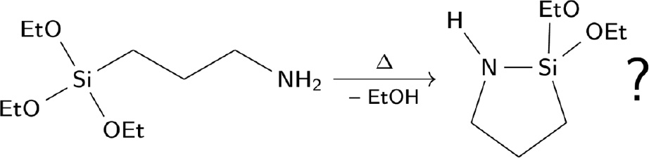 Scheme 1: Cyclisation of 3-aminopropyltriethoxysilane by long-time heating.The formation of 2,2-diethoxy-1-aza-2-silacyclopentane is dubious.