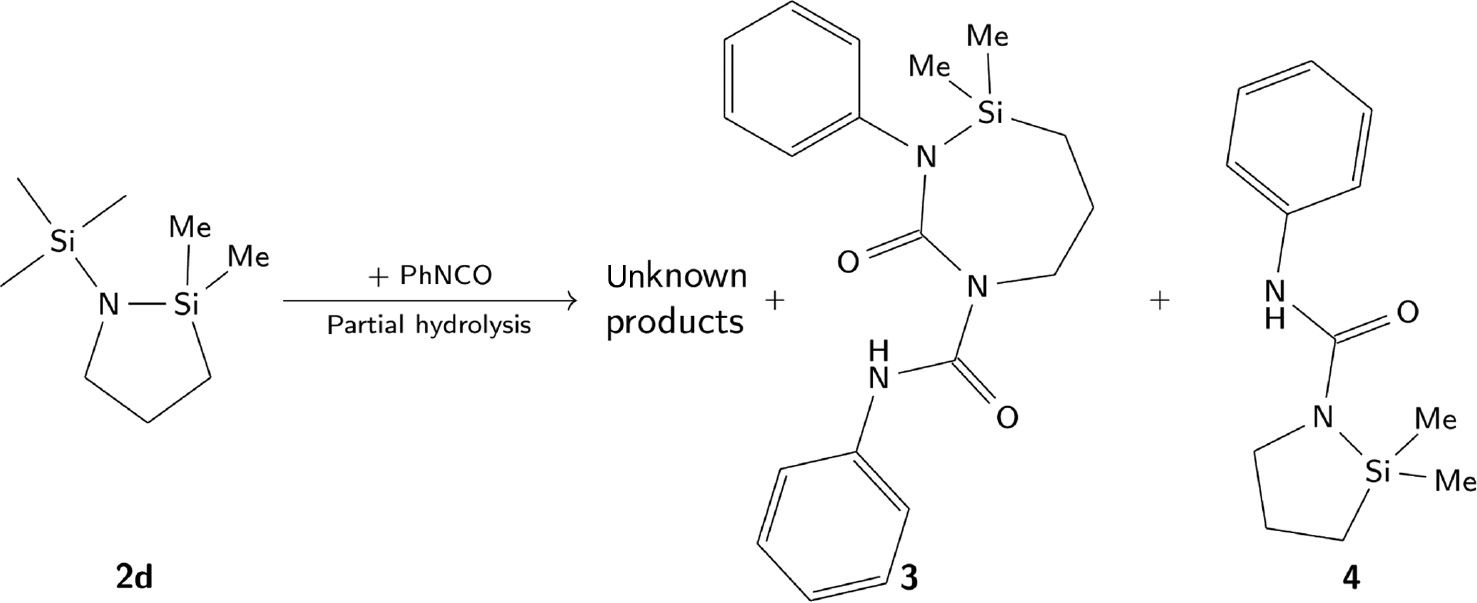 Scheme 5: Reaction of 2d with PhNCO.Two different products are crystallised from the reaction mixtures.