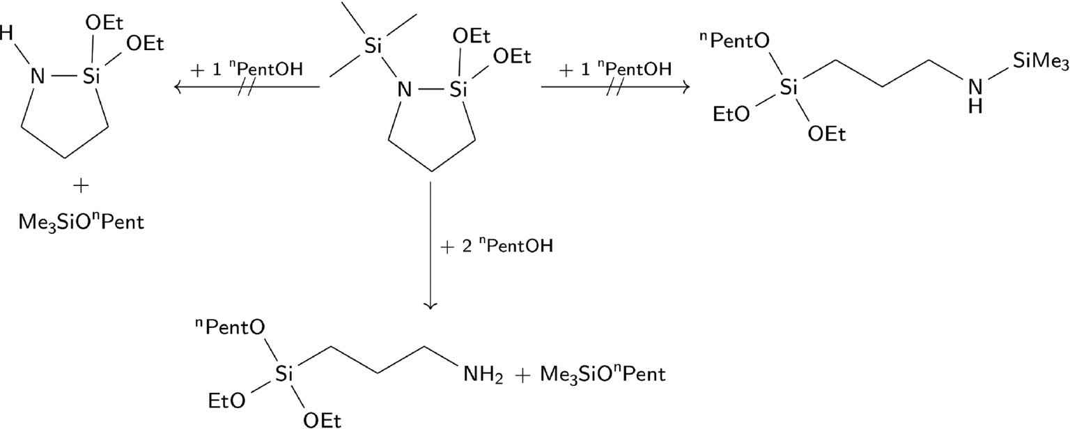 Scheme 6: Alcoholysis of 2a with n-pentanol.The cleavage of both Si-N bonds is preferred.