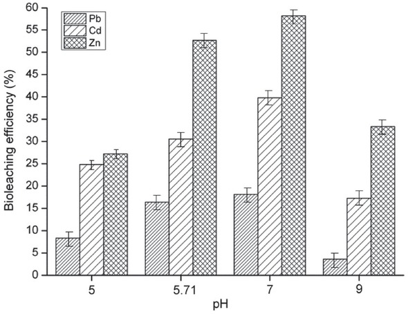 Figure 6 Bioleaching efficiencies of different pH. Given values are the averages of triplicate samples; significant differences are shown by error bars in bioleaching, according to one-way ANOVA test at p < 0.05.