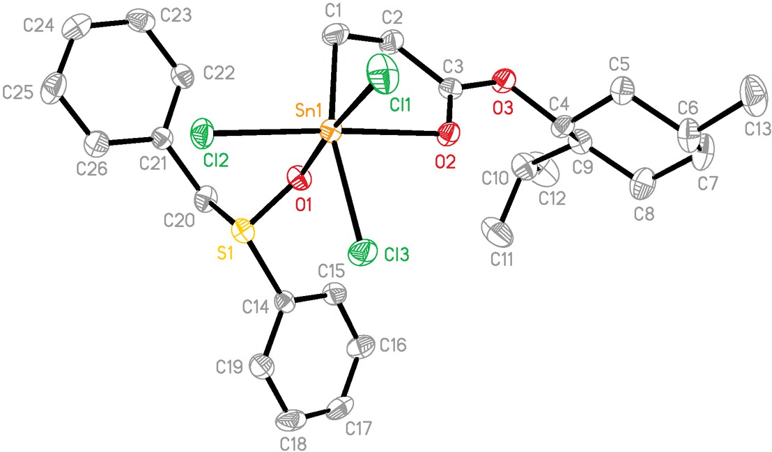 Figure 1 The molecular structure of 1. Ellipsoids are drawn at the 30% probability level. Hydrogen atoms are omitted for clarity.