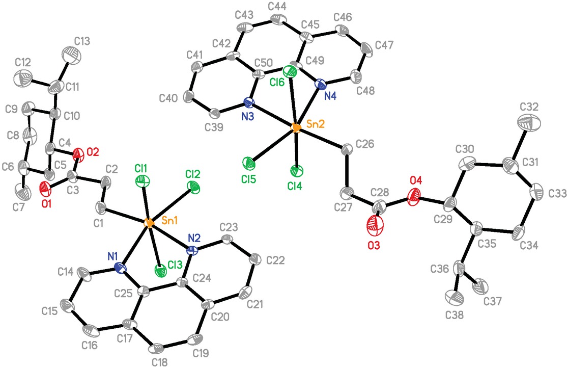 Figure 2 The molecular structure of 3. Ellipsoids are drawn at the 30% probability level. Chloroform and hydrogen atoms are omitted for clarity.