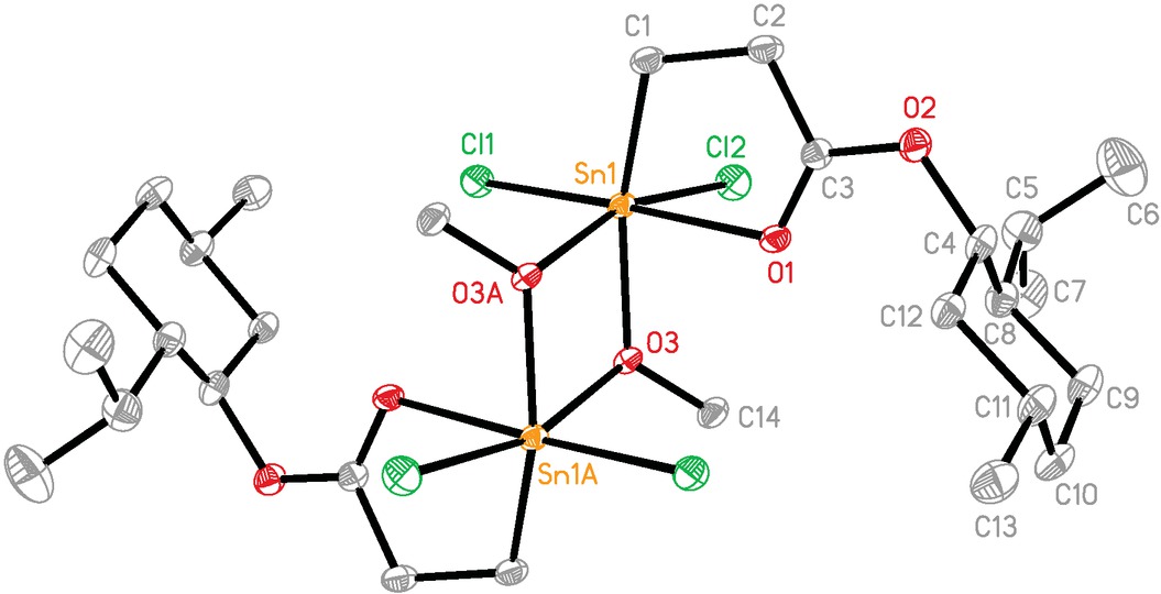Figure 4 The molecular structure of 4. Ellipsoids are drawn at the 30% probability level. Hydrogen atoms are omitted for clarity.A = -x, -y+1, -z+1.