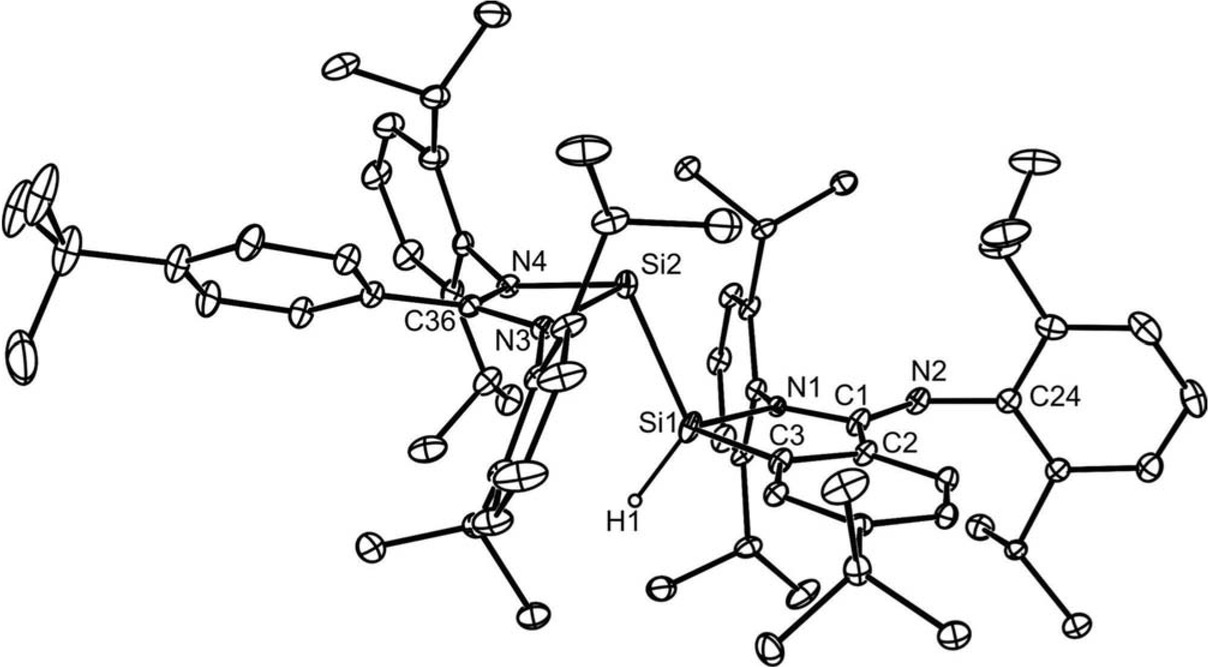 Figure 2 Thermal ellipsoid plot (25% probability surface) of the molecular structure of 3 (hydrogen atoms, except the hydride, omitted). Selected bond lengths (Å) and angles (°): Si(1)-N(1) 1.849(10), Si(1)-C(3) 1.875(2), Si(1)-Si(2) 2.394(1), Si(1)-H(1) 1.43(2), N(1)-C(1) 1.335(11), C(1)-N(2) 1.275(3), C(1)-C(2) 1.494(3), Si(2)-N(3) 1.8662(18), Si(2)-N(4) 1.8836(16), C(2)-C(3) 1.404(3), N(1)-Si(1)-C(3) 89.8(3), Si(2)-Si(1)-H(1) 121.1(9), N(3)-Si(2)-N(4) 69.39(7), N(3)-Si(2)-Si(1) 96.97(6), N(4)-Si(2)-Si(1) 106.08(6), C(1)-N(2)-C(24) 124.56(18).