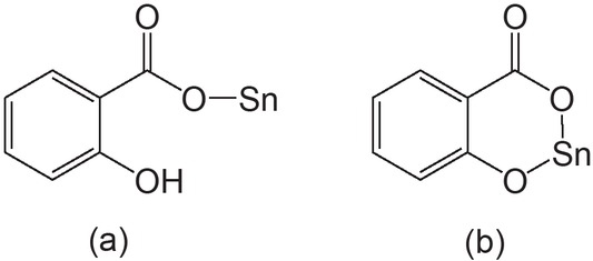 Figure 1 Coordination modes of salicylate ligand with tin atom in (a) monoanionic and (b) dianionic forms.