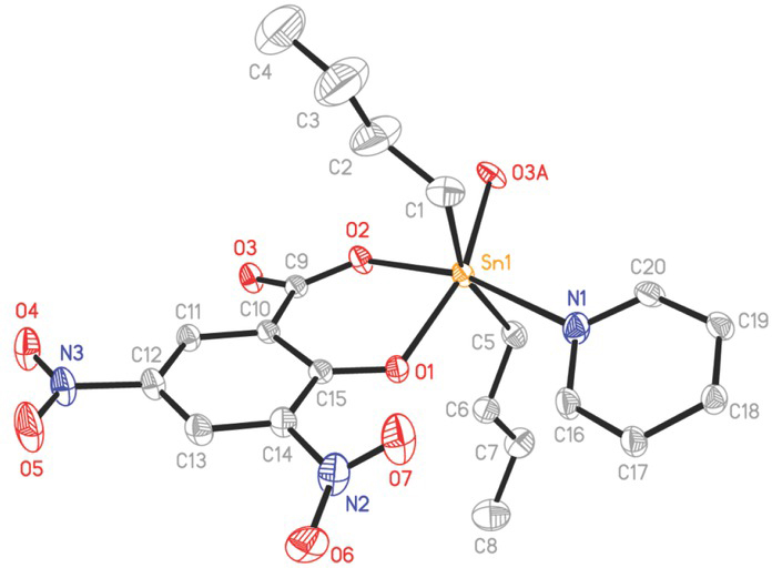 Figure 2 Perspective view of the asymmetric unit of compound 1. Ellipsoids are drawn at the 30% probability level. Hydrogen atoms are omitted for clarity. Symmetry code A: – x + 1/2, y – 1/2, – z + 3/2.