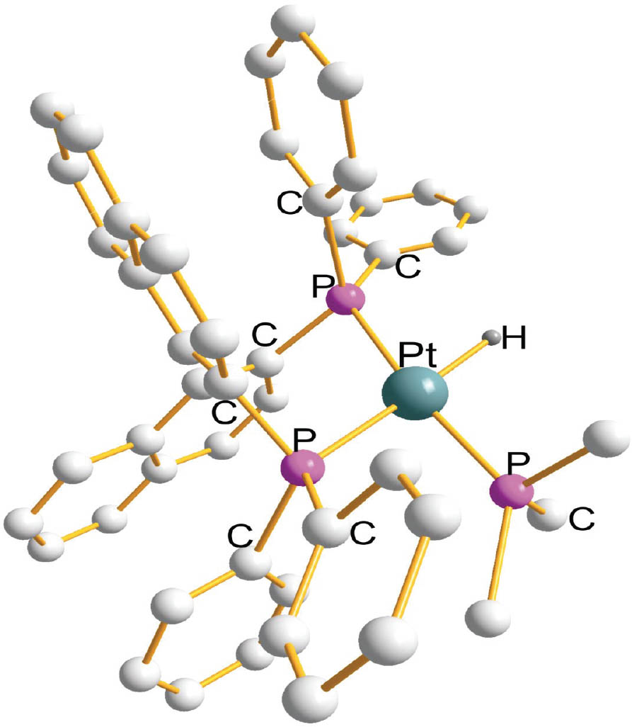 Figure 1 Structure of [Pt{η2-Ph2P(C20H12)PPh2}(PMe3)(H)]+ (Campbell and Gagne, 2007).