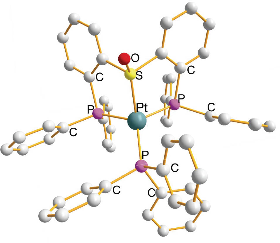 Figure 6 Structure of [Pt{η3-Ph2P(C6H4)S(=O)(C6H4)PPh2}(PPh3)] (Suess and Peters, 2012).