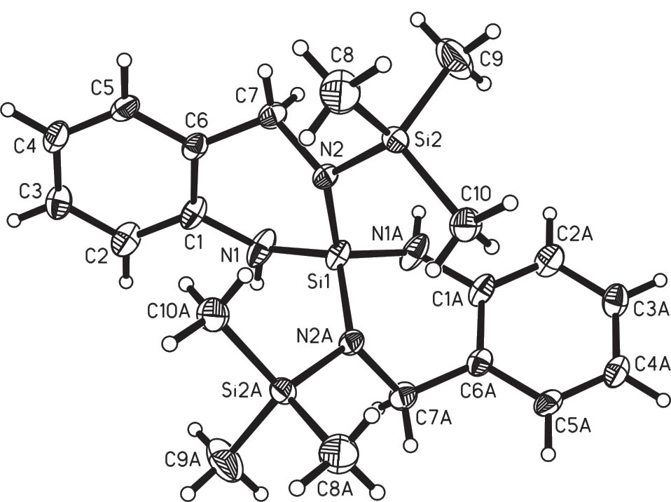 Figure 6 Molecular structure of 4b-TMS2 including numbering scheme. The thermal displacement ellipsoids of the non-hydrogen atoms are drawn at the 50% probability level.