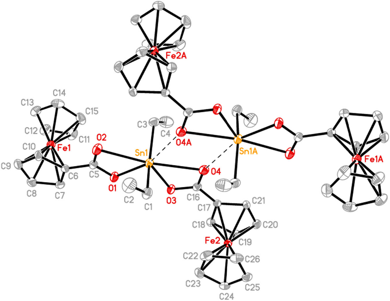 Figure 1 
                  The molecular structure of 1. Ellipsoids are drawn at the 30% probability level. Hydrogen atoms are omitted for clarity. Symmetry code A: 1/2 − x, 1/2 − y, 1 − z.
               