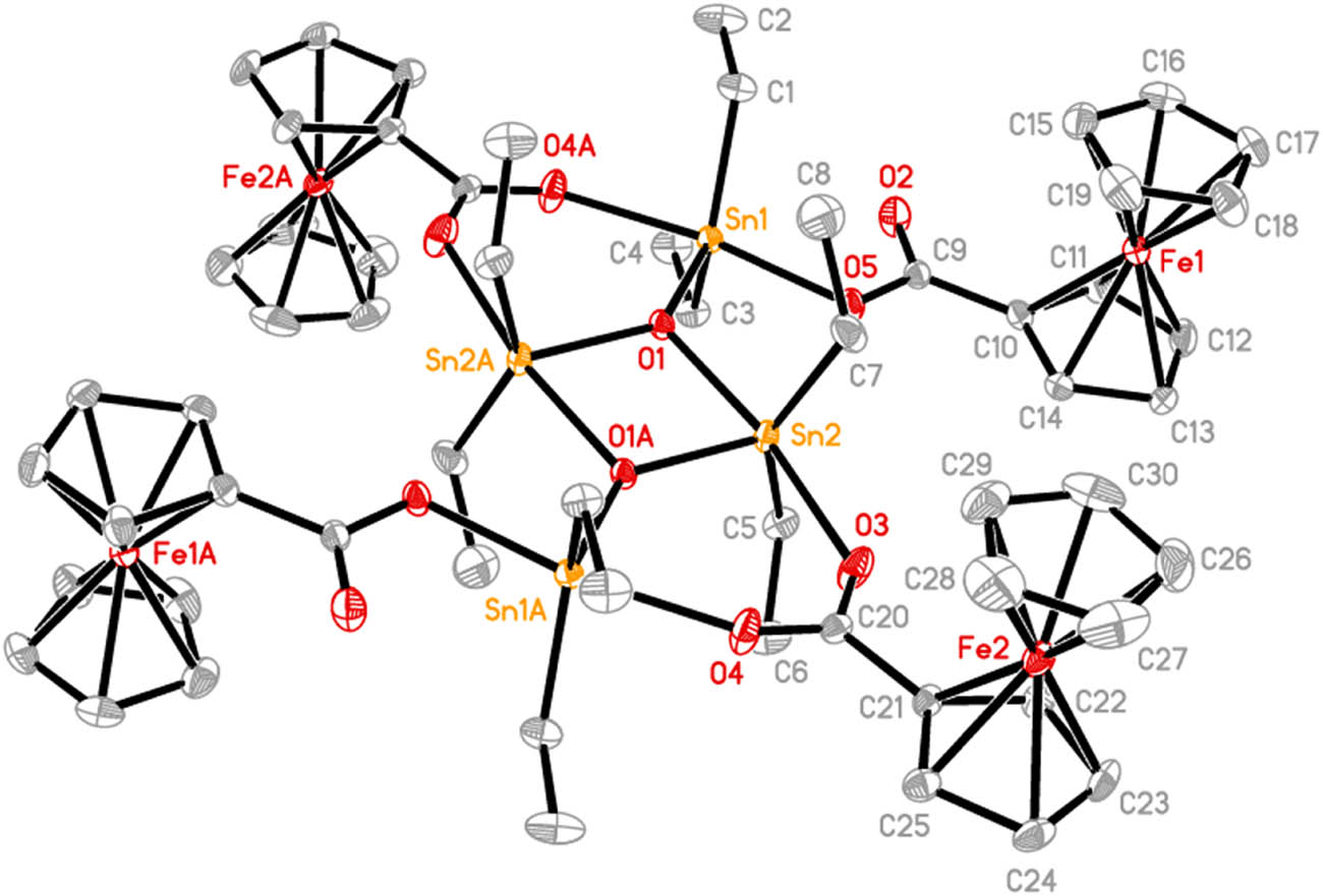 Figure 2 
                  The molecular structure of 2. Ellipsoids are drawn at the 30% probability level. Hydrogen atoms are omitted for clarity. Symmetry code A: 2 − x, 1 − y, 1 − z.
               