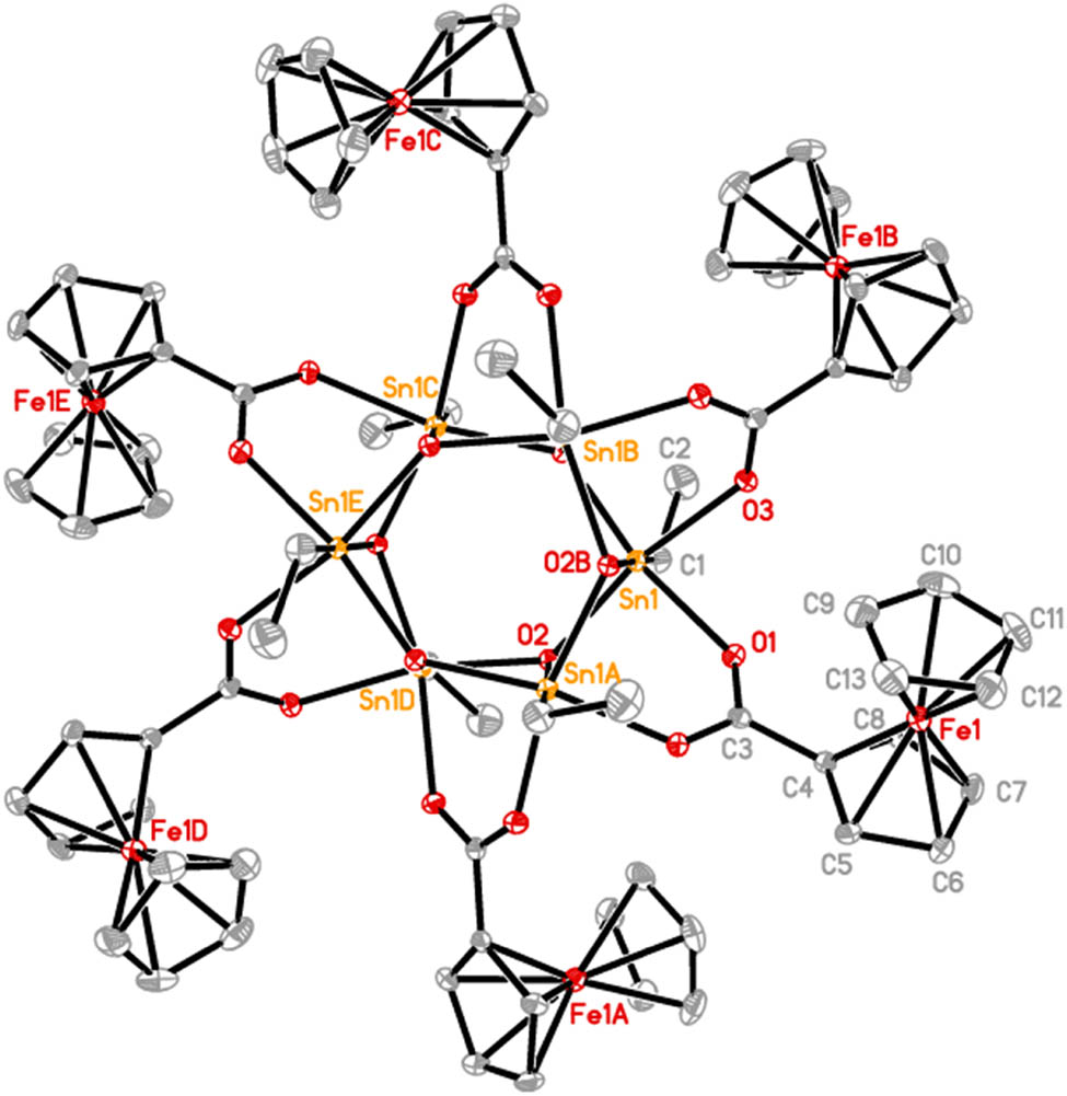 Figure 3 
                  The molecular structure of 3. Ellipsoids are drawn at the 20% probability level. Hydrogen atoms are omitted for clarity. Symmetry code A: −y, x − y, z; B: x − y, x, 2 − z.
               
