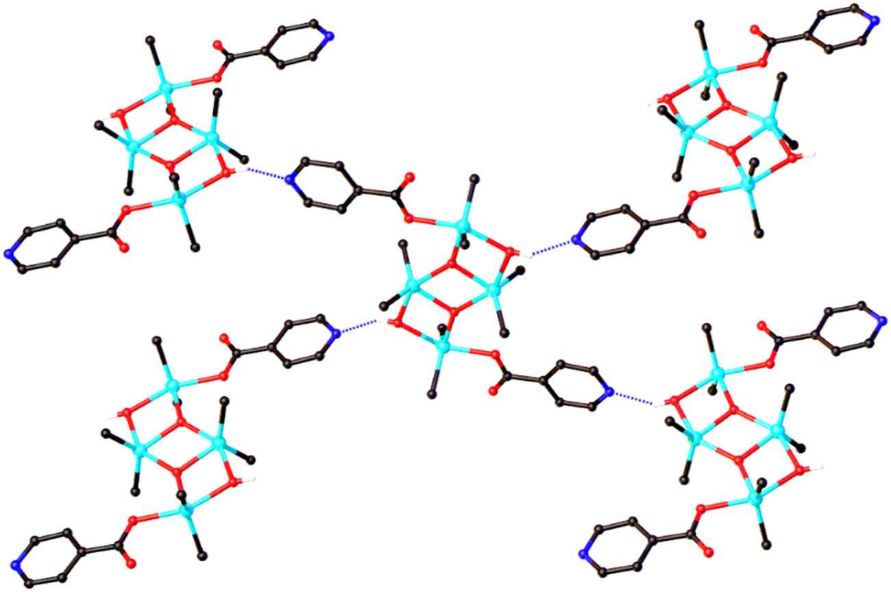 Figure 2 
                  Crystal structure in an infinite chain of [C5H4N-(p-CO2)]2[Bu2Sn]4(μ
                     3-O)2(μ
                     2-OH)2 (1) with O–H⋯N intermolecular hydrogen bonds. Only Cipso of the n-butyl groups are shown for clarity.
               