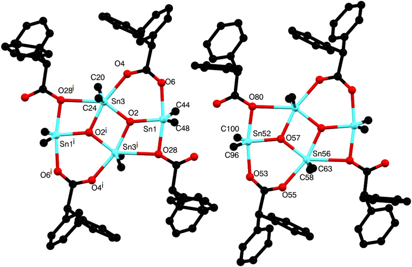 Figure 4
The ladder structure of aggregate complex 2 (hydrogen atoms bonded to carbon atoms are omitted, and only the α-carbon of the butyl groups has been drawn for clarity).