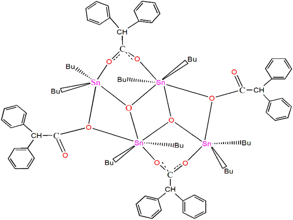 Scheme 1 
                     Structures of [C5H4N(p-CO2)]2[Bu2Sn]4(μ
                        
                           3
                        -O)2(μ
                        
                           2
                        -OH)2 (1) or [(p-NH2)-C6H4-CO2]2[Bu2Sn]4(μ
                        
                           3
                        -O)2(μ
                        
                           2
                        -OH)2 (3).
                  