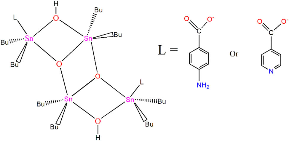 Scheme 2 
                     Structure of [Ph2CHCO2]4[Bu2Sn]4(μ
                        
                           3
                        -O)2 (2).
                  