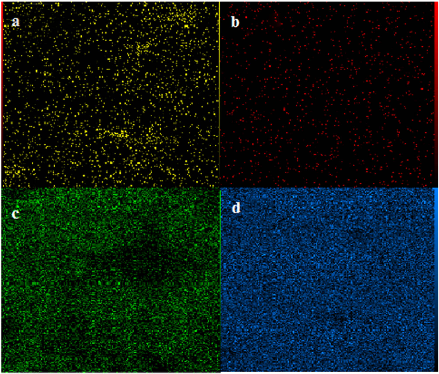 Figure 5 
               EDX mapping of the Fe3O4@Fe–Cu/MCM-41 nanocatalyst. (a) Fe, (b) Cu, (c) O, and (d) Si.
            