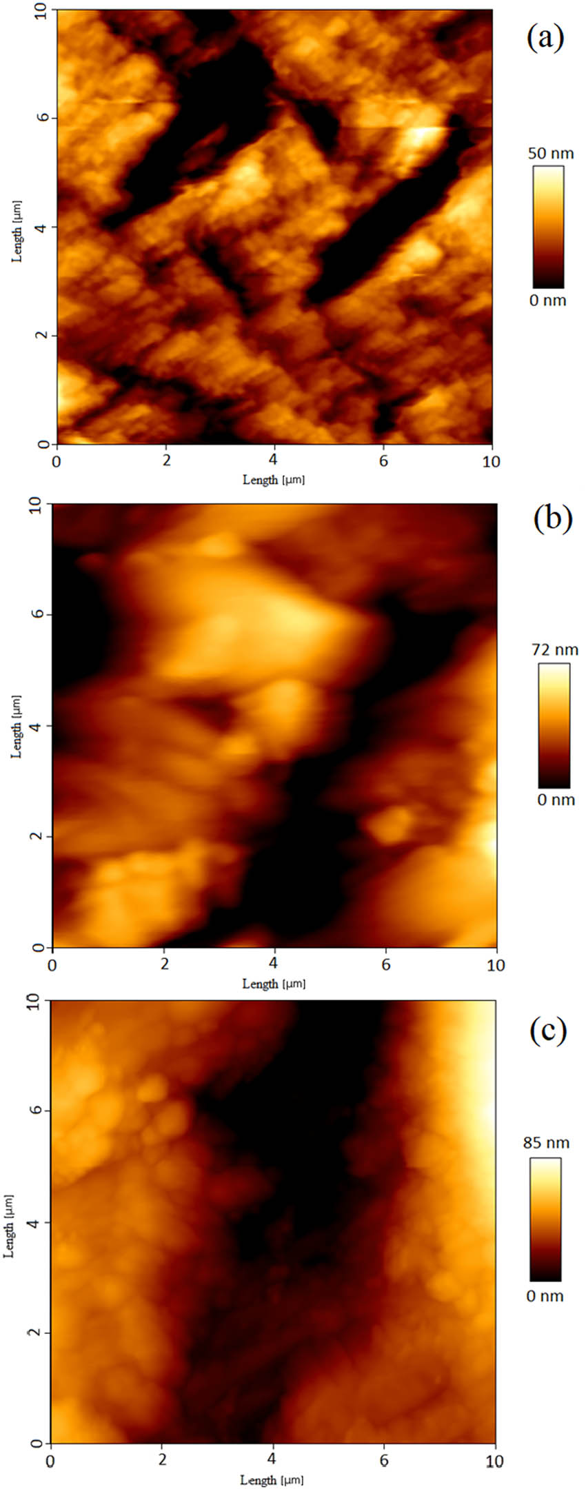 Figure 7 
               AFM images of thin layer of polyaniline/barium ferrite nanocomposite with (a) 5, (b) 10, and (c) 20 cycles of deposition.
            