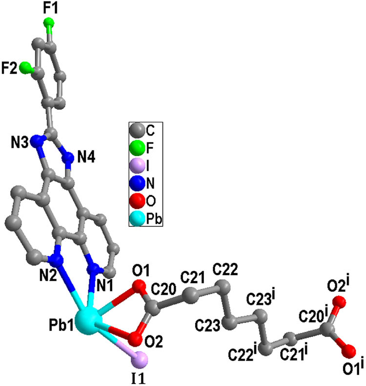 Figure 1 
            View of the coordination environment of the Pb(ii) atom of 1 (symmetric code: (i)−x + 1, −y + 1, −z).
         
