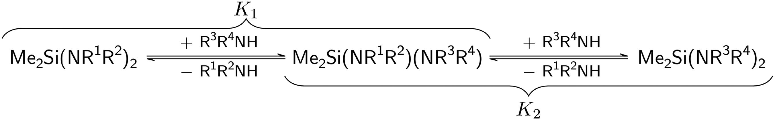 Scheme 3 
                  Transamination reaction of dimethyldiaminosilanes with amines, divided into two coupled equilibria with equilibrium constants K
                     1 and K
                     2.
               