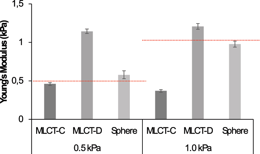Figure 1: 
Young’s modulus measurements of collagen-coated hydrogels with predetermined stiffness using different AFM cantilevers and tips. The first column shows measurements with the MLCT-BIO-C cantilever (spring constant 0.01 N/m), which were accurate for the 0.5 kPa hydrogel (0.46 ± 0.02 kPa) but underestimated the stiffness of the 1.0 kPa hydrogel (0.37 ± 0.02 kPa). The second column presents measurements with the MLCT-BIO-D cantilever (spring constant 0.03 N/m), which overestimated the stiffness for both the 0.5 kPa hydrogel (1.14 ± 0.03 kPa) and the 1.0 kPa hydrogel (1.2 ± 0.04 kPa). The third column shows results using spherical tips with a 5 μm diameter (force constant 0.08 N/m), providing more accurate measurements for both the 0.5 kPa (0.58 ± 0.05 kPa) and the 1.0 kPa (0.98 ± 0.04 kPa) collagen-coated hydrogels.
