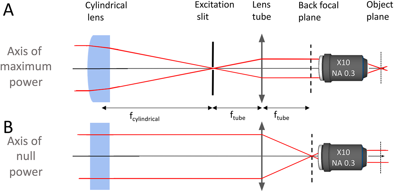 Figure 3: 
Propagation of the beam in the configuration used for imaging the fossil: in the axis of maximum power of the cylindrical lens (top), and in the axis of null power (bottom). A slit was added to the setup at the focal point of the cylindrical lens to filter the laser excitation profile.

