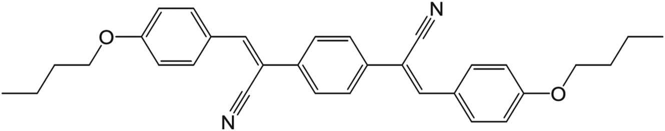 Figure 3: 
Molecular structure of DBDCS ((2Z,2′Z)-2,2′-(1,4-phenylene)bis(3-(4-butoxyphenyl) acrylonitrile)). Formula: C32H32N2O2; molecular mass: 476.60 g/mol.
