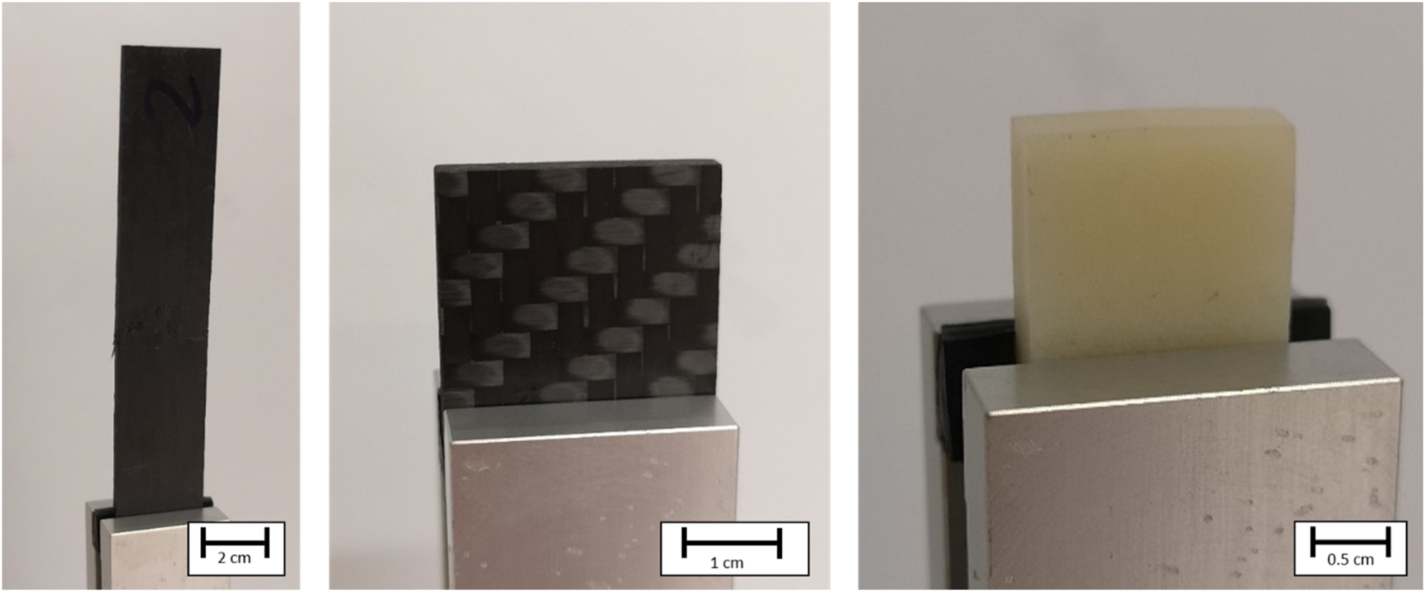 Figure 1:
Left: recycled carbon fiber reinforced polymer specimen; middle: 8 layer carbon fiber reinforced polymer weave specimen; right: Injection molded short glass fiber reinforced polymer specimen.