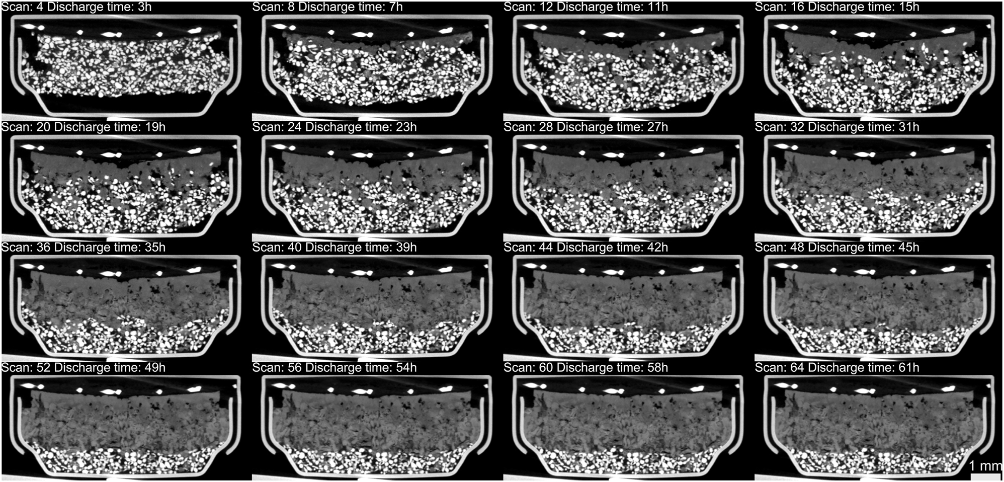 Figure 5:
Cross sections of aligned tomograms. White pixels inside the cell housing belong to zinc particles while light and dark gray pixels represent the mixture of oxidized zinc, electrolyte and intermediate species (Zn(OH)4
2−). Note that only every fourth of the acquired tomograms is presented.