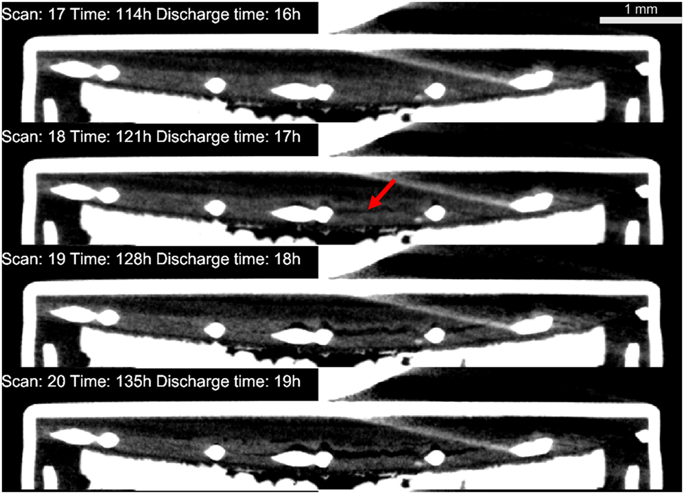 Figure 7:
Sectional views of the battery revealing the progressive disintegration of the cathode. The red arrow indicates the region where the discontinuity was first observed.