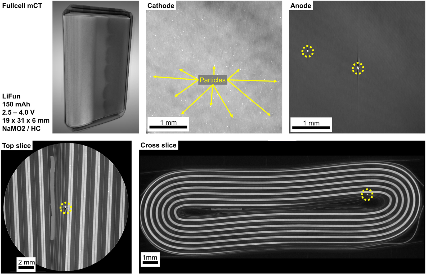 Figure 7:
The 3D overview and two slices (top/side) of the fully charged LiFun pouch cell are shown. The NaMO2 cathode and hard carbon anode were analyzed, revealing particle deposits in the cathode and foreign inclusions in the anode, which may negatively impact performance.
