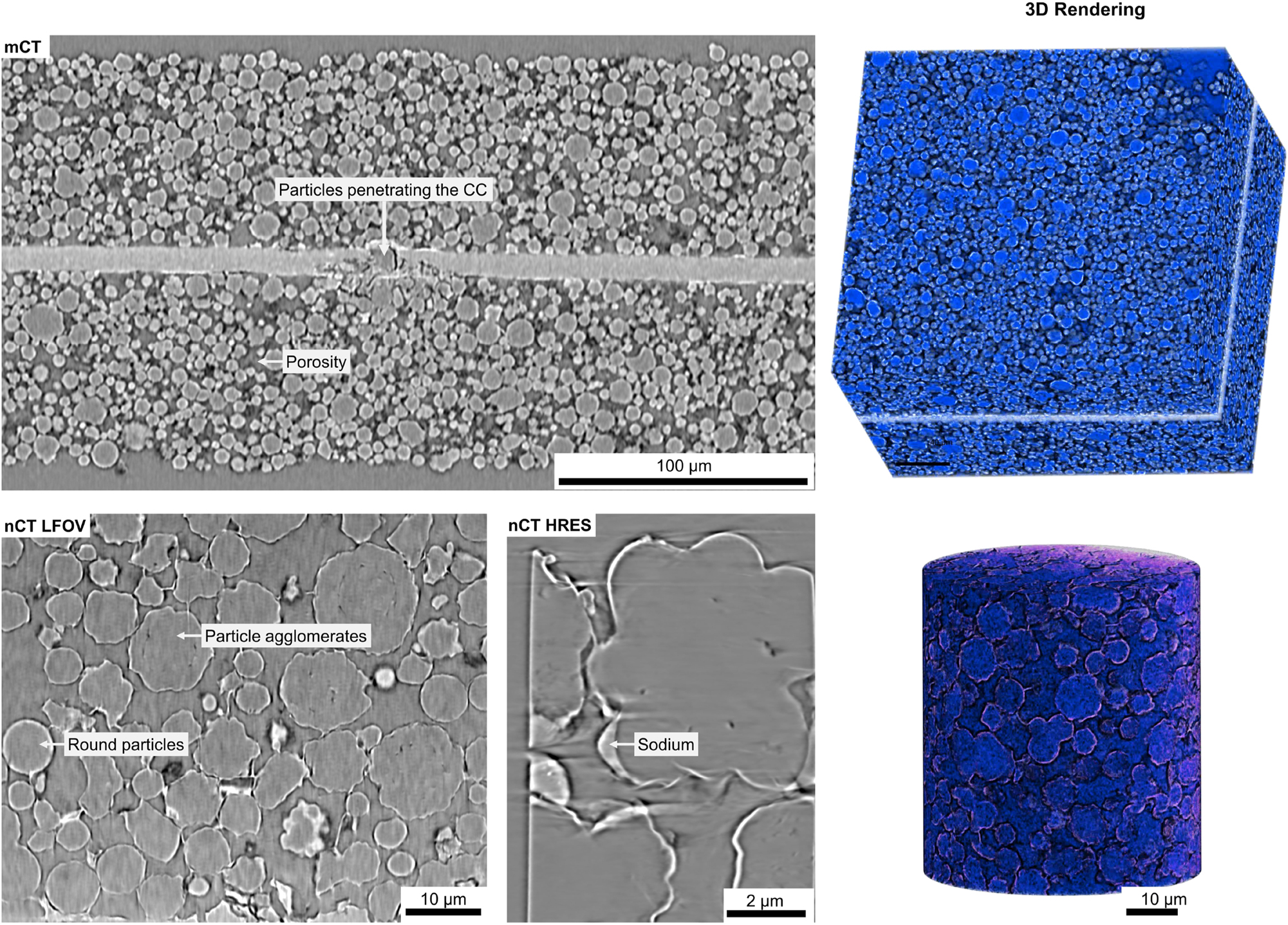 Figure 8:
X-ray microscopy results from the anode sample, including Micro-CT, Nano-CT LFOV, and Nano-CT HRes scans. Micro-CT provides a large-scale overview, enabling the analysis of particle size distribution and identification of electrode defects. Nano-CT, with its higher resolution, reveals internal defects within particles and, due to phase contrast imaging, allows visualization of binder distribution between particles.