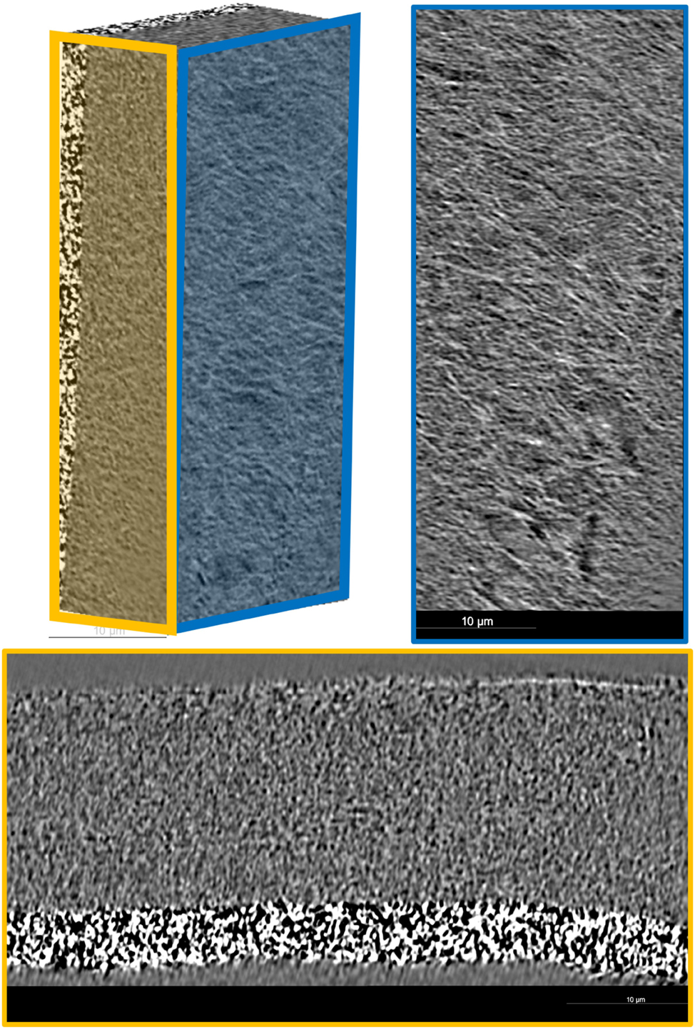Figure 10:
The figure shows the examined separator with a 5 µm thick coating layer. The fibrillar structure is well-defined, forming a network-like arrangement with fibers oriented orthogonally to the sodium-ion movement. High-resolution imaging reveals the detailed morphology and alignment of the fibrils.