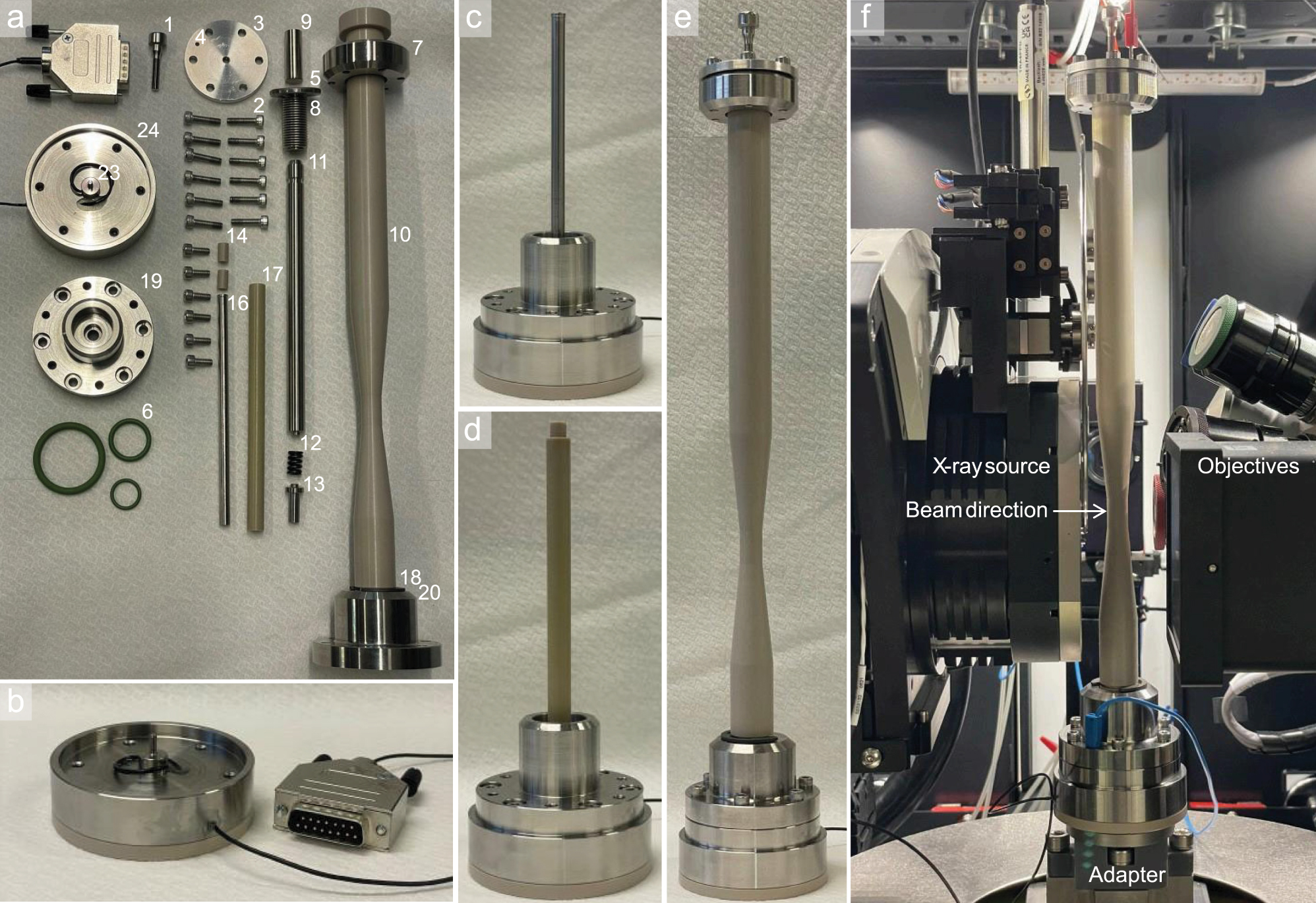 Figure 4:
Images of the manufactured pressurized operando battery cell. a: Completely disassembled into its individual parts (except the force sensor and cell-scanner interface plate (#25)). The numbering follows that from Figure 2. b: Assembled base plate (#24), scanner-cell interface (#25) and force sensor (#23). The feedthroughs are closed with resin-based two component glue and the sensor cable is soldered to a 15-pin D-sub plug. c: Mounted metal rod and inner flange (#19). d: Mounted inner hollow rod (#17) and electrical contact spacers (#14). e: Completely assembled cell. f: Electrical connected (red and blue plug) and completely assembled cell inside the scanner.