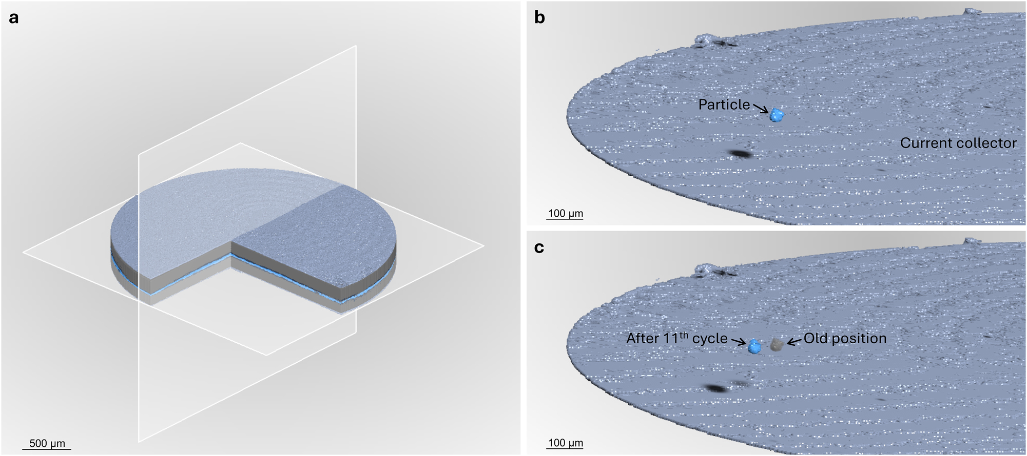 Figure 7:
Three-dimensional renderings of the segmented battery. a: Segmentation of the stack after the first plating cycle. b: Arbitrarily selected particle (blue) and the bottom current collector (gray blue). c: The selected particle after 11th plating cycle (blue) and its old location (gray). Note that the top current collector, HSE and lithium layers are hidden. A light source is used to improve the 3D perspective. The black spots in a and b are caused by shadows of the particle and not part of the segmentation.