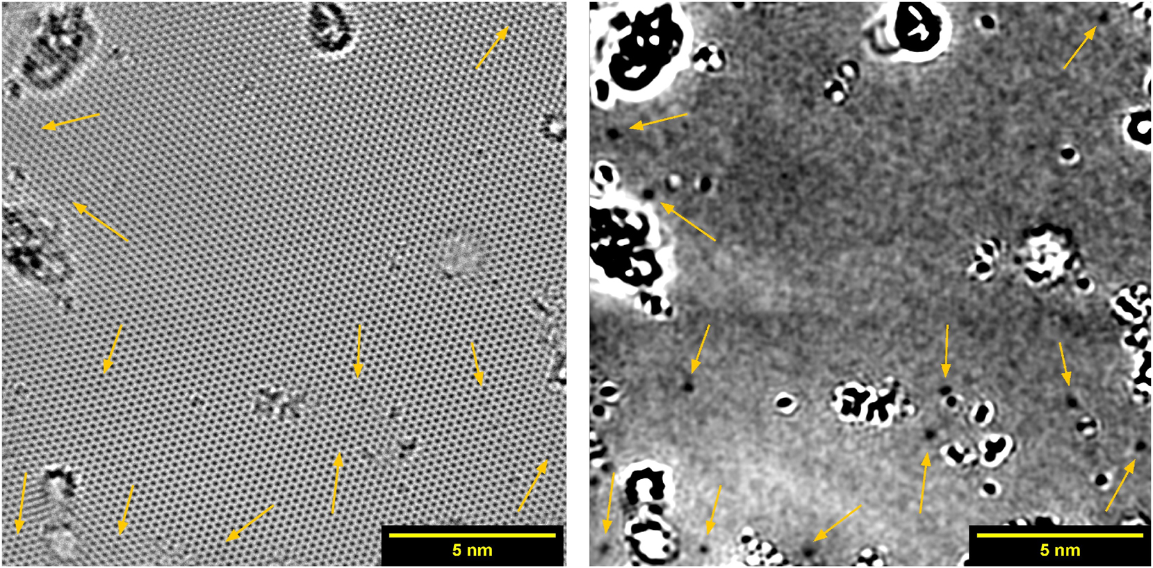Figure 5: 
Monolayer graphene after doping with RF plasma, imaged by HRTEM (RF3). Arrows point at positions of graphitic nitrogen defects. On the left the complete image is shown, the same image with removed crystal lattice is shown on the right.
