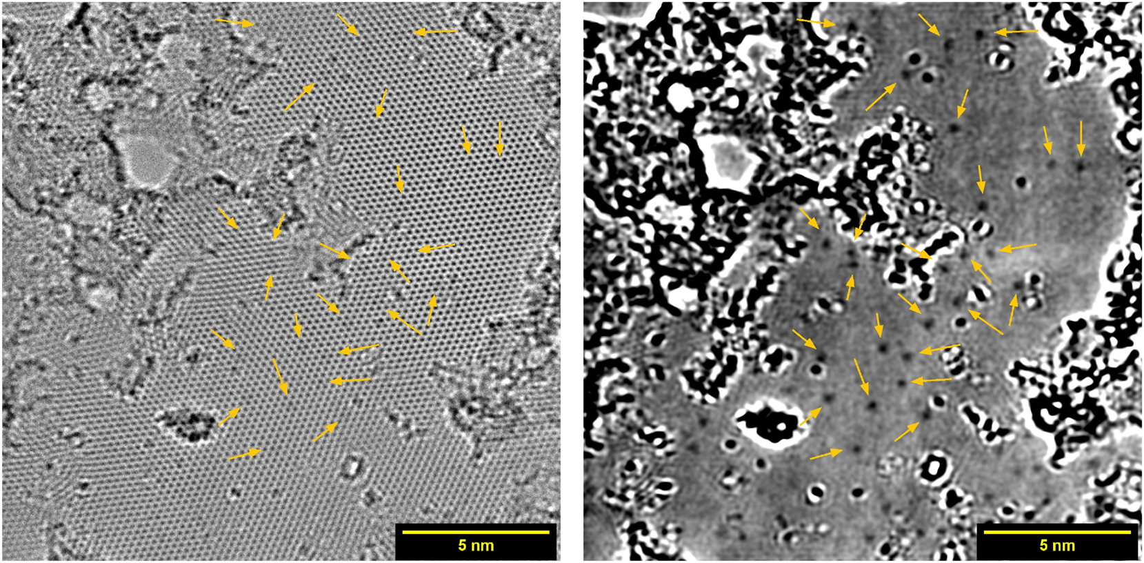 Figure 6: 
Monolayer graphene after doping inside DC plasma with 10 pulses at 3.5 mbar, imaged by HRTEM. Arrows point at positions of graphitic nitrogen defects. On the left the complete image is shown, the same image with removed crystal lattice is shown on the right.
