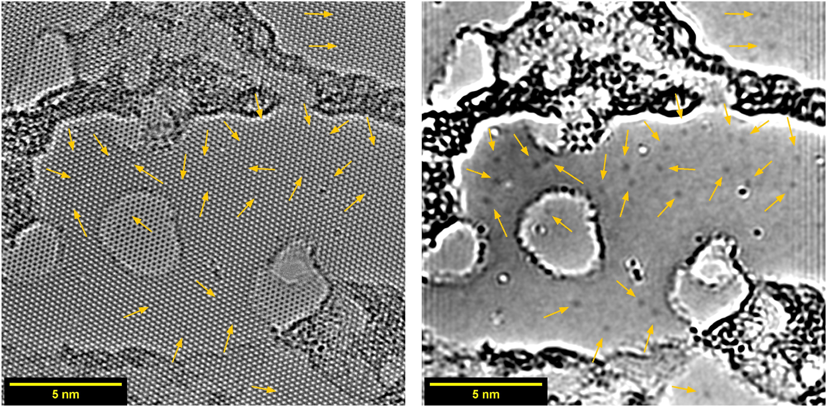 Figure 8: 
Bilayer graphene (most of the area) with some monolayer regions (holes formed in one of the two layers) after doping inside DC plasma with 2 pulses at 5 mbar, imaged by HRTEM. Arrows point at positions of graphitic nitrogen defects. On the left the original image is shown, the same image with removed crystal lattice is shown on the right.
