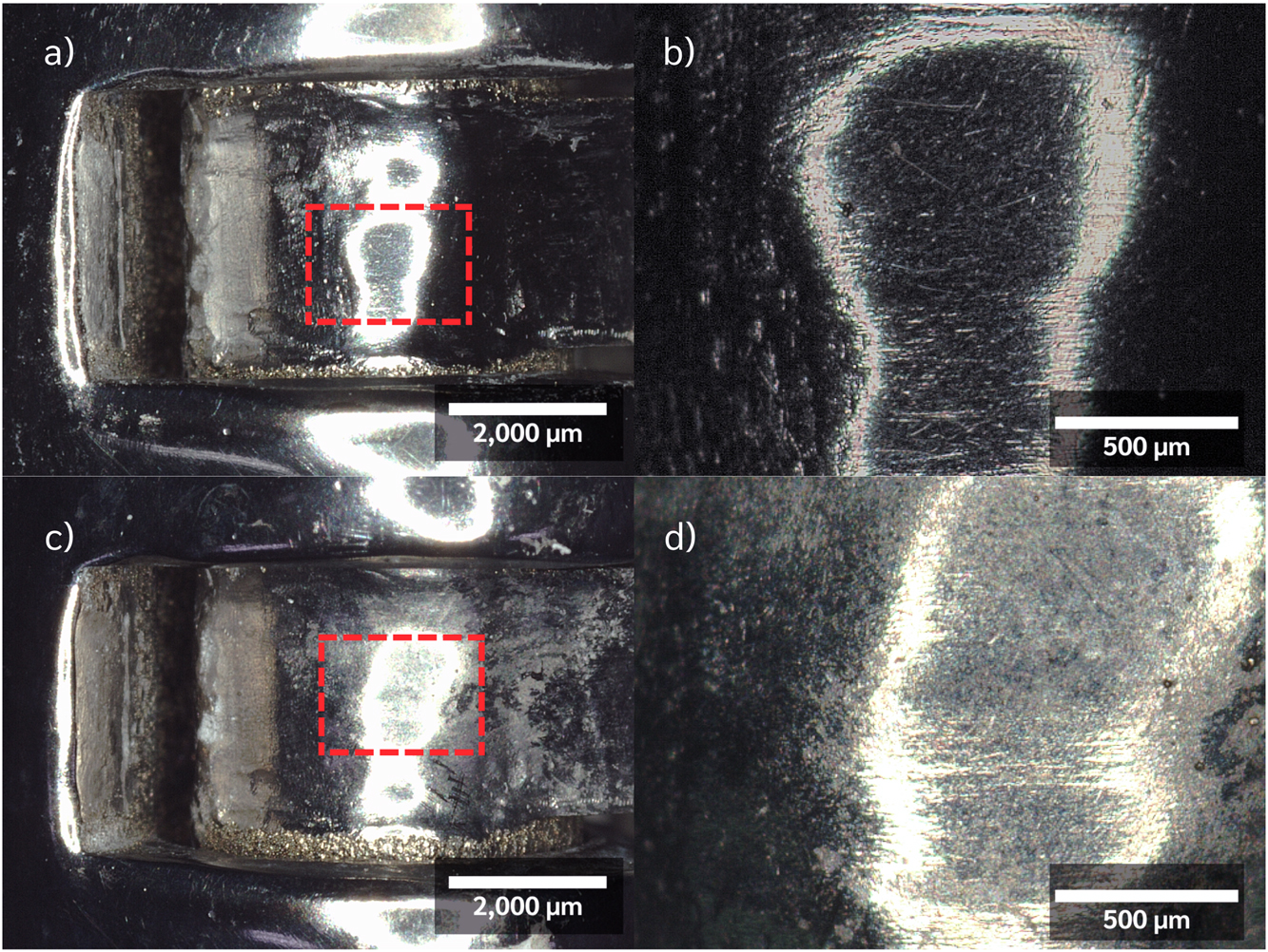 Figure 6: 
Optical observation of the surfaces in hinge area of prosthesis in index finger, a) before the test, b) after the test, c) magnification of the red box in Figure 1a (before the test) and d) magnification of the red box in Figure 1b (after the test).

