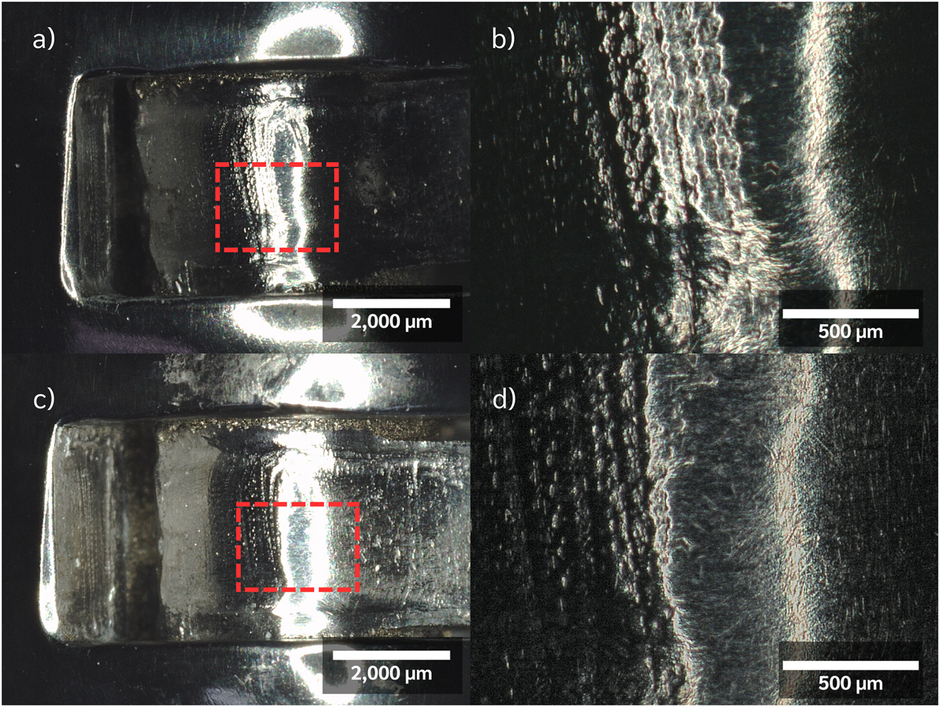 Figure 7: 
Optical observation of the surfaces in hinge area of prosthesis in middle finger, a) before the test, b) after the test, c) magnification of the red box in Figure 1a (before the test) and d) magnification of the red box in Figure 1b (after the test).
