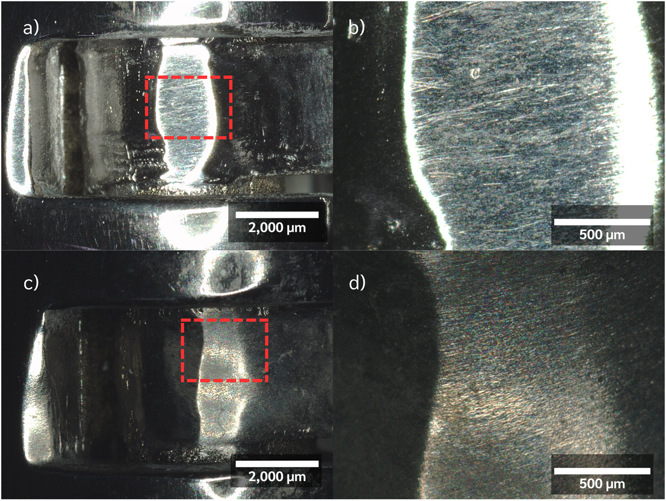 Figure 8: 
Optical observation of the surfaces in hinge area of prosthesis in ring finger, a) before the test, b) after the test, c) magnification of the red box in Figure 1a (before the test) and d) magnification of the red box in Figure 1b (after the test).
