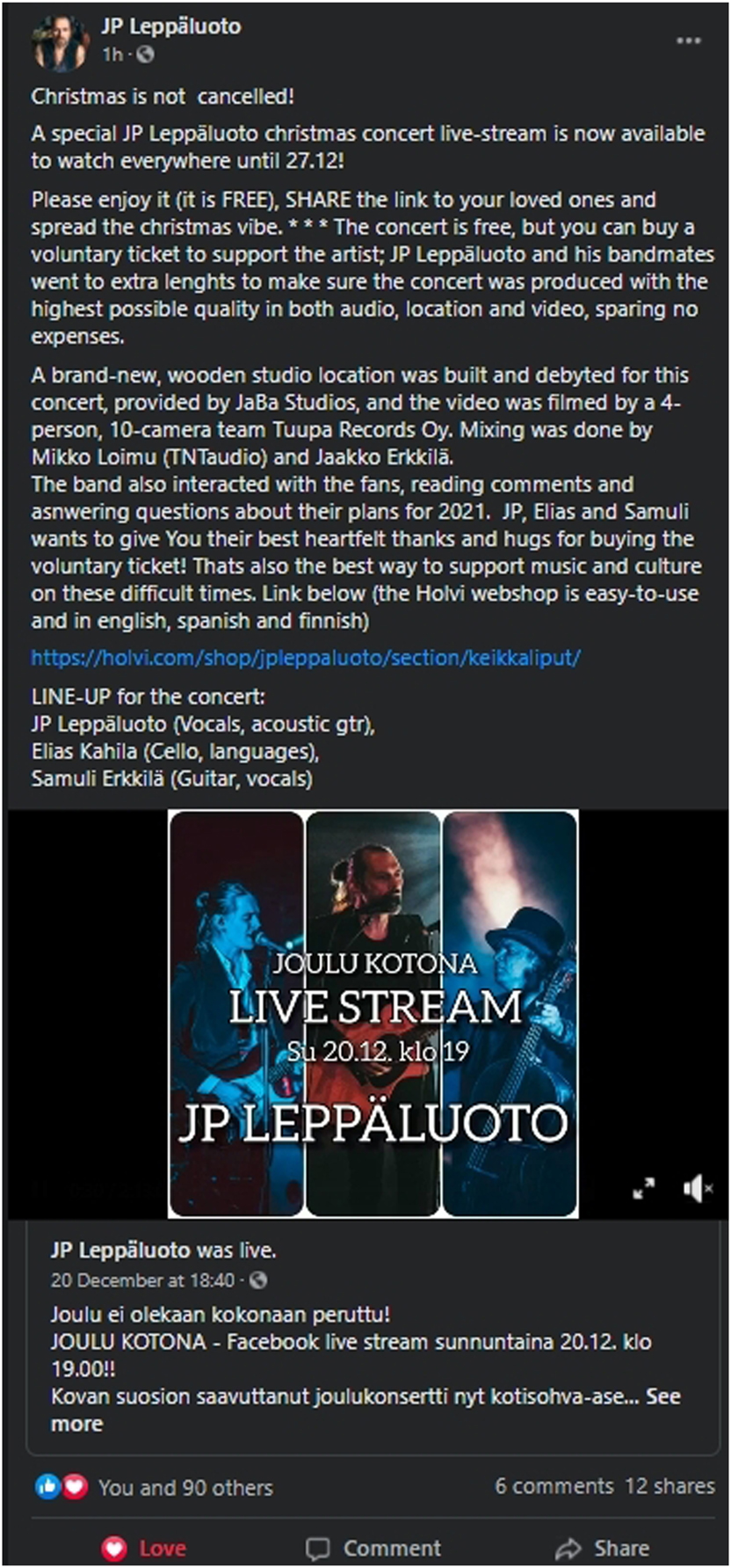 Figure 3:
Promotion of Joulu Kotona after its streaming on Leppäluoto’s Facebook page.